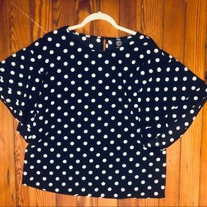Navy and White Polka Dot Blouse with flowy sleeves